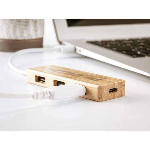 WoW! 2.0 USB HUB met bamboe behuizing. Voorzien van 3 USB poorten en 1 Type-C poort voor het verbinden van additionele apparaten. Inclusief Type-C connector, USB-A kabel en gebruiksaanwijzing.   Bamboe is een natuurlijk materiaal. Hierdoor kan de kleur per product verschillen.