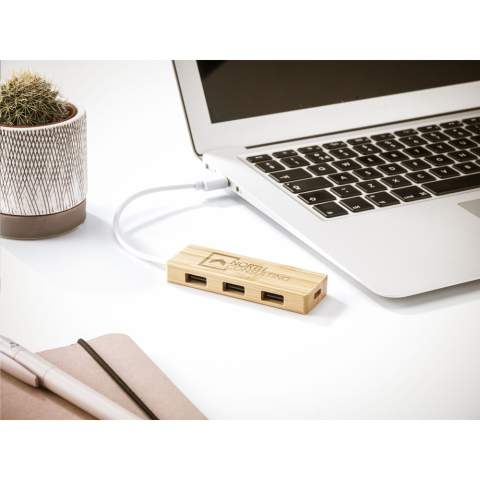 WoW! 2.0 USB HUB met bamboe behuizing. Voorzien van 3 USB poorten en 1 Type-C poort voor het verbinden van additionele apparaten. Inclusief Type-C connector, USB-A kabel en gebruiksaanwijzing.   Bamboe is een natuurlijk materiaal. Hierdoor kan de kleur per product verschillen.