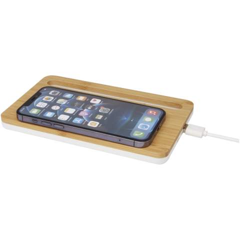 10W bamboo wireless charger integrated with phone holder, compatible with all Qi devices (iPhone 8 or above and Android devices that supports wireless charging). Delivered in gift box with an instruction manual (both made of sustainable materials).