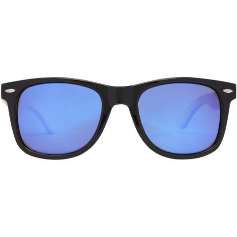 The Taiyō rPET/Bamboo sunglasses are produced with sustainable materials with highest quality standards. The high end finished frame is polished and painted and is made from recycled PET plastic. The temples with a light and comfortable fit are made from bamboo which is from sustainable, environmentally and socially responsible sources. The lenses are blue mirrored and are polarized which eliminates reflecting sunlight which makes it ideal for driving a car and during any sunny summer and winter outdoor activities. This eyewear conforms to EN ISO 12312-1, has UV400 lenses which are rated as Category 3. Delivered with a cleaning cloth made from recycled PET plastic (15 x 15 cm) and packed in a recycled cardboard gift box (16.5 x 6 x 4 cm). Laser engraving is recommended as a sustainable decoration option.