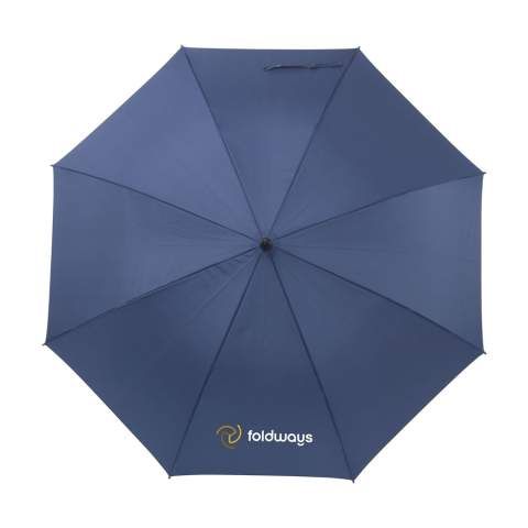 WoW! 190T RPET pongee umbrella (made from recycled PET bottles) with an extra-large screen diameter of 132 cm. Features include automatic telescopic suspension for ease of opening, fiberglass frame and stem, soft foam handle, velcro closure and water repellent. RCS-certified. Total recycled material: 18%.