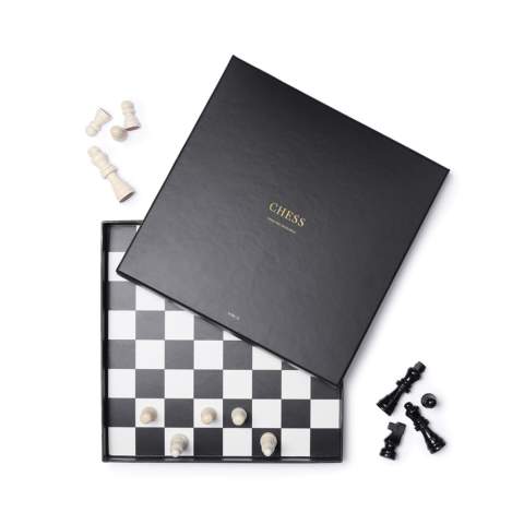 Classic chess game in black and white. The pieces are lacquered wood. The game comes with an excellent storage box that also works as an attractive decorative detail in your home.