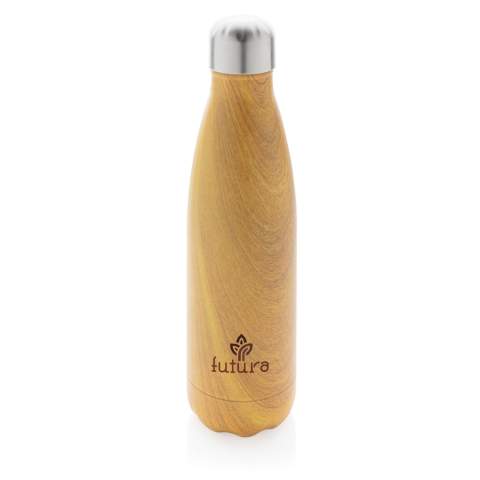 This sleek looking leakproof vacuum insulated stainless steel water bottle will keep you hydrated on the go wherever you are. The all over wood print on the body makes the bottle a real eye catcher. The bottle keeps chilled beverages cold for up to 15 hours and hot drinks warm for up to 5 hours. Capacity 500ml. BPA free.<br /><br />HoursHot: 5<br />HoursCold: 15