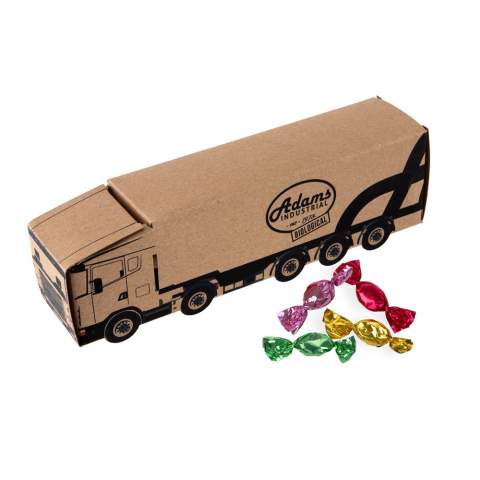 Truck van kraft papier, all-over full colour bedrukt en gevuld met ca.105 gram metallic sweets