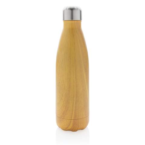 This sleek looking leakproof vacuum insulated stainless steel water bottle will keep you hydrated on the go wherever you are. The all over wood print on the body makes the bottle a real eye catcher. The bottle keeps chilled beverages cold for up to 15 hours and hot drinks warm for up to 5 hours. Capacity 500ml. BPA free.<br /><br />HoursHot: 5<br />HoursCold: 15