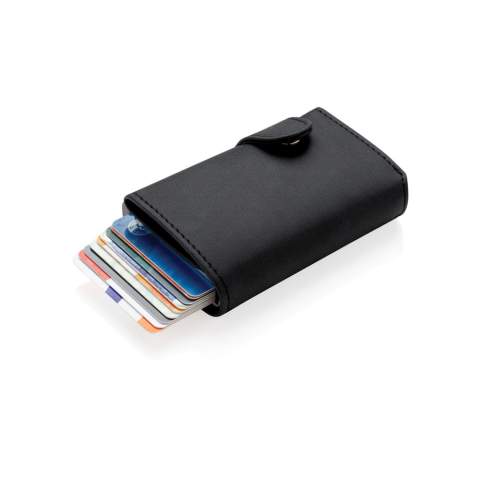 This solid aluminium cardholder with PU wallet protects your most important cards against electronic pickpocketing. No more broken or bent cards! It can hold up to 10 cards or 6 embossed cards. The easy side slider will push the cards up gradually.