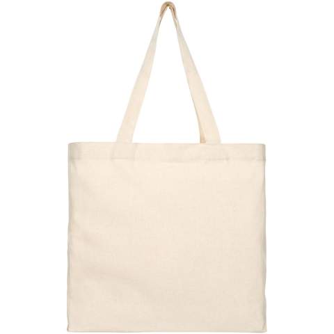 Tote made of 210 g/m² recycled cotton polyester blend. Recycled cotton is manufactured from pre-consumer waste generated by textile factories during the cutting process. Tote with gusset and large main compartment. Features two handles with a dropdown height of 31 cm. Resistance up to 10 kg weight. There may be minor variations in the colour of the actual product due to the nature of the production process. 