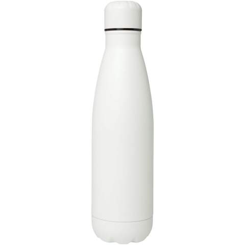 Vacuum insulated stainless steel bottle with an iconic design. The insulated 18/8 stainless steel keeps drinks hot or cold for several hours. Tested and approved under German Food Safe Legislation (LFGB), and tested for phthalates content according to REACH regulations. Featuring a base that fits in most cup holders, this sleek looking water bottle is a perfect promotional item. Volume capacity is 500 ml. Presented in a recycled cardboard gift box.