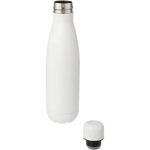 Vacuum insulated stainless steel bottle with an iconic design. The insulated 18/8 stainless steel keeps drinks hot or cold for several hours. Tested and approved under German Food Safe Legislation (LFGB), and tested for phthalates content according to REACH regulations. Featuring a base that fits in most cup holders, this sleek looking water bottle is a perfect promotional item. Volume capacity is 500 ml. Presented in a recycled cardboard gift box.