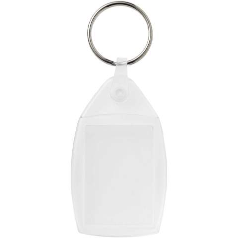 Porte-clés transparent P6 avec anneau fendu en métal ainsi que clip en plastique dynamique. La fixation de l’attache en plastique présente un profil plat idéal pour les envois. Dimensions de l’insert pour impression : 3,5 cm x 2,4 cm.