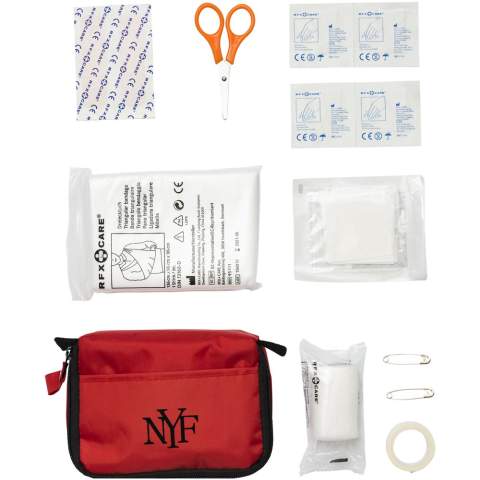 5 pansements, 4 compresses alcoolisées, bandage,2 épingles à nourrice, 5 compresses de gaze, ciseaux dans une pochette nylon. Norme EN 13485.