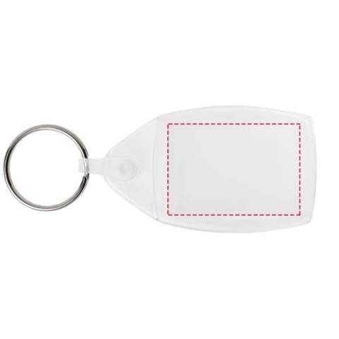 Porte-clés transparent P6 avec anneau fendu en métal ainsi que clip en plastique dynamique. La fixation de l’attache en plastique présente un profil plat idéal pour les envois. Dimensions de l’insert pour impression : 3,5 cm x 2,4 cm.