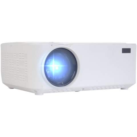 Projector with 800x480 resolution and a projection distance of up to 5 meters. Lamp with an output of up to 2.800 lumens. White LED light 40 ANSI lumens. Contrast 500:1. LED bulb with more than 50.000 hours of reproduction. Projection from 30 to 150 inches. Can be connected to all types of devices with HDMI connection. Playback of video, audio, photo and text. Inputs: VGA, 2xHDMI, USB2.0, Micro-SD card and AV IN. Includes 2 stereo speakers and a remote control. Delivered with a luxury gift box.