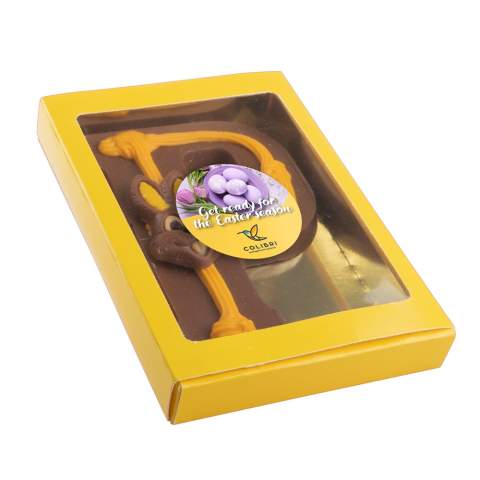 Melkchocolade paasletter ca. 240 gram in een geel doosje voorzien van een full colour sticker. Tegen meerprijs ook verkrijgbaar met een bedrukt logo plaatje.