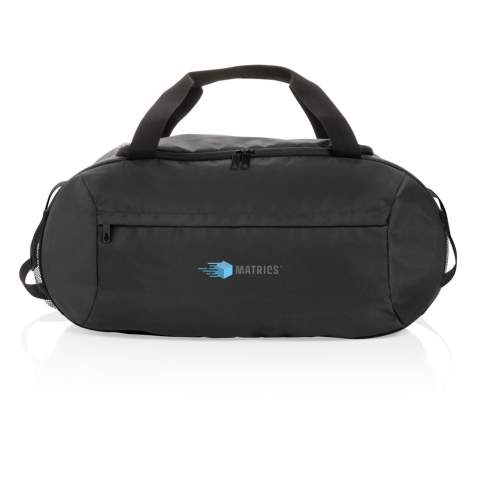 The Impact AWARE™ RPET modern sports duffle is the ideal companion for a visit to the gym or a short getaway. The bag features a clean modern design with zipper front pocket and a roomy main compartment. The duffle has straps that let you carry it any way that feels best. The backpack is made with 100% recycled polyester. With AWARE™ tracer that validates the genuine use of recycled materials. Each bag has reused 23.2 0.5L PET bottles. 2% of proceeds of each product sold containing AWARE™ will be donated to Water.org.<br /><br />PVC free: true