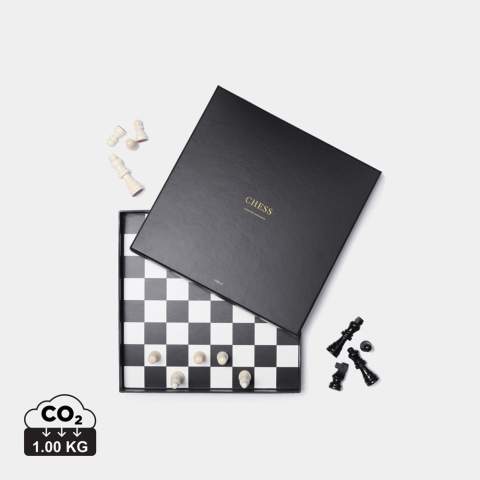 Classic chess game in black and white. The pieces are lacquered wood. The game comes with an excellent storage box that also works as an attractive decorative detail in your home.