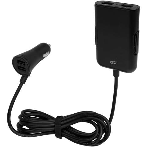 Designed for family & travel, this charger allows back and front seat passengers to simultaneously charge their electronic devices while on the road. Universal compatibility for 12/24V vehicles. Qualcomm Quick Charge Protocol 3.0. USB1/2 output: DC5V/2.4A, USB3 output: DC5V/3.1A, USB4 output: DC5V/3A, DC9V/2A, DC12V/1.5A. Cable length: 170 cm.