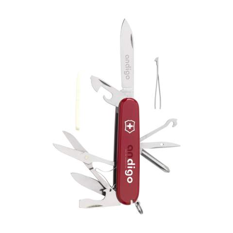 Couteau Suisse original de la marque Victorinox ligne Officiers avec poignée ABS, plaques intermédiaires en aluminium dur anodisé et des outils en acier recyclé à 100%. 10 pièces avec 14 fonctions : grand couteau, petit couteau, ouvre-boîte avec petit tournevis 3 mm, décapsuleur avec grand tournevis 6 mm, tournevis cruciforme 1/2, alésoir avec poinçon et œillet, pince à dénuder, ciseaux, crochet multi-fonctions, porte-clés, pince à épiler et cure-dent. Comprend un mode d'emploi et une garantie à vie contre les défauts de matériaux et de fabrication. Victorinox est le symbole mondial de qualité, fiabilité, fonctionnalité et perfection. Attention, la législation en vigueur s'applique concernant la possession et / ou le transport de couteaux ou d'outils multifonctions en public. Par pièce dans une boîte.