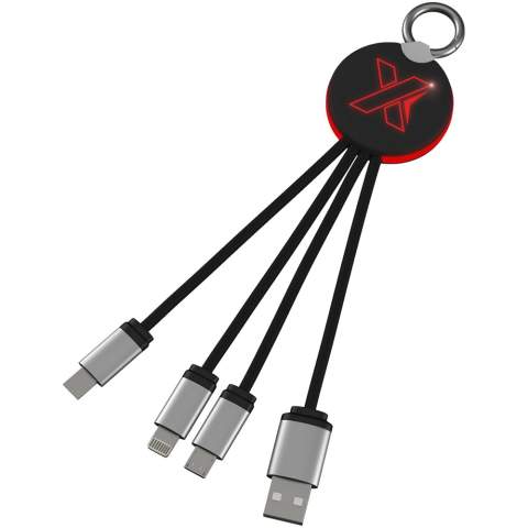 Light-up logo charging cable with rubber and metal finish fitted with three connectors (Type-C, Android, iPhone). Up to three devices can be charged simultaneously. Length of cables (including plugs): 10 cm. Recycled PET plastic cable and packaging is made of recycled paper and recycled plastic.