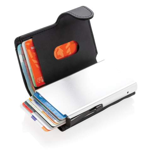 This solid aluminium cardholder with PU wallet protects your most important cards against electronic pickpocketing. No more broken or bent cards! It can hold up to 10 cards or 6 embossed cards. The easy side slider will push the cards up gradually.