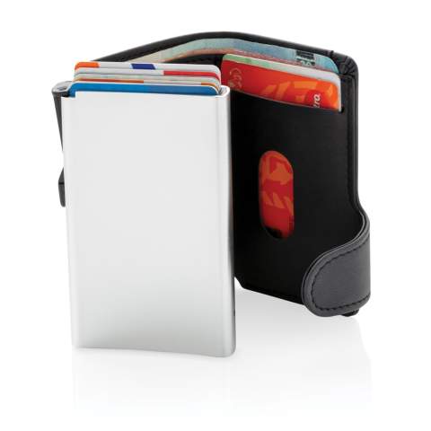 This solid aluminium cardholder with PU wallet protects your most important cards against electronic pickpocketing. No more broken or bent cards! It can hold up to 10 cards or 6 embossed cards. The easy side slider will push the cards up gradually.