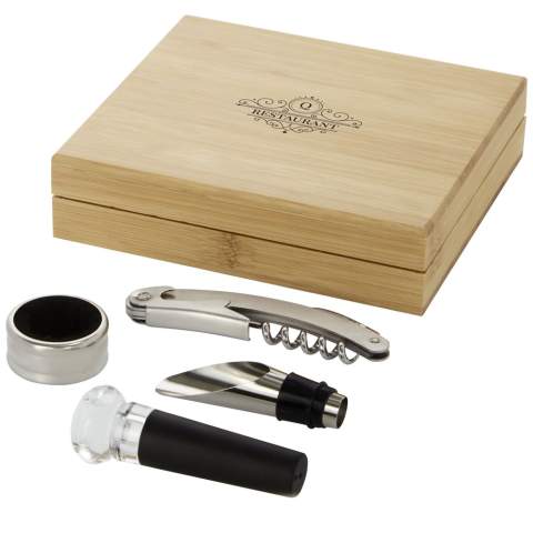 4-piece wine set including a waitress corkscrew, a stopper, a pourer and a ring. Delivered in a bamboo gift box sourced and produced following sustainable standards.