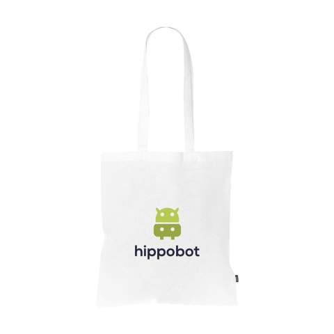 WoW! Shopping bag with long handles made from 80% recycled cotton and 20% recycled polyester (150 g/m²). GRS-certified. Total recycled material: 100%.