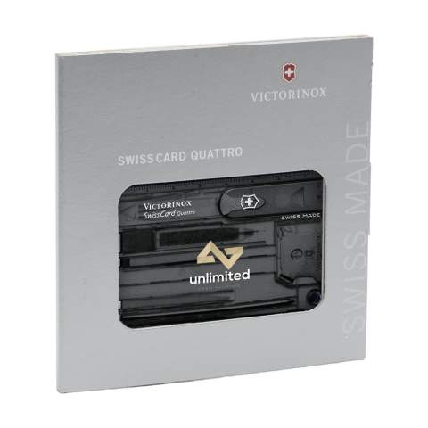 Swisscard. Dit product van Victorinox staat voor kwaliteit! In de kunststof SwissCard, die ook als liniaal (7,5 cm en 3 inches) te gebruiken is, tref je een aantal praktische voorwerpen aan: schroevendraaier, mes, nagelvijl met schroevendraaier, tandenstoker, pincet, balpen en knopspeld. Gemakkelijk mee te nemen. Afm. 8,1 x 5,3 x 0,4 cm. Per stuk in een speciaal ontworpen doosje. Afm. 12 x 12 x 0,7 cm. 75 g. Inclusief gebruiksaanwijzing en levenslange garantie.