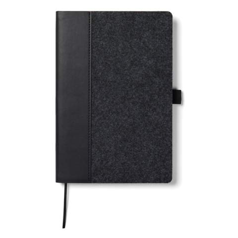 A5 notebook elegantly crafted from recycled felt, boasting a mélange effect and an integrated pen holder. Containing 80 sheets or 160 pages of 70 gsm recycled paper, its lined pages are ideal for any note-taking needs. Certified by GRS (Global Recycled Standard), GRS certification guarantees that the entire supply chain of the recycled materials is certified. The total recycled content is based on the overall product weight. This product contains 83% GRS-certified recycled paper and 7% GRS-certified recycled felt.<br /><br />NotebookFormat: A5<br />NumberOfPages: 160<br />PaperRulingLayout: Lined pages