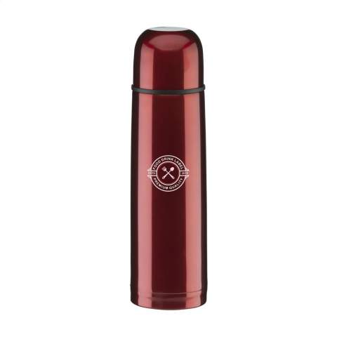 Vacuum-insulated, stainless steel thermo bottle with screw cap/drinking cup and handy press and pour system. Leak proof. Capacity 500 ml. Each item is individually boxed.