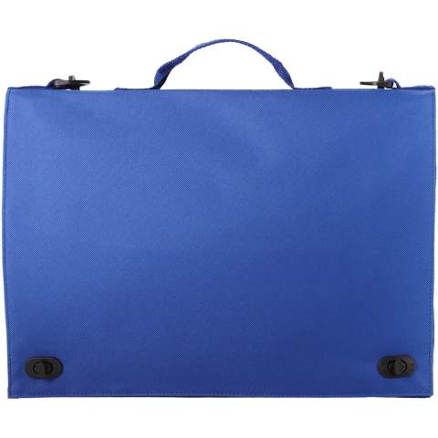 Conference bag with handle, adjustable shoulder strap, buckle closure and several document pockets.