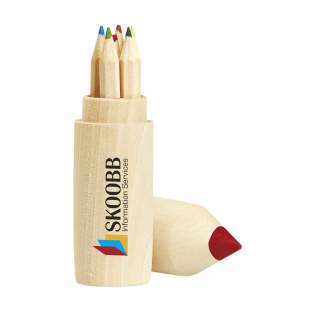 6 wooden, unpainted coloured pencils in a wooden tube.