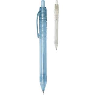 Mechanical pencil with click action mechanism with a transparent barrel. The barrel is made of recycled water bottles, which contributes to decreasing the amount of plastic waste.