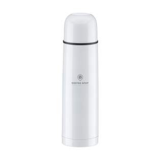 Vacuum-insulated, stainless steel thermo bottle with screw cap/drinking cup and handy press and pour system. Capacity 500 ml. Each item is individually boxed.
