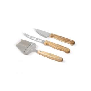 3-piece cheese set with a luxurious Acacia wooden touch. The set contains a cheese slicer, a knife for soft cheeses and a knife for the harder varieties. This set comes in a beautiful gift box.