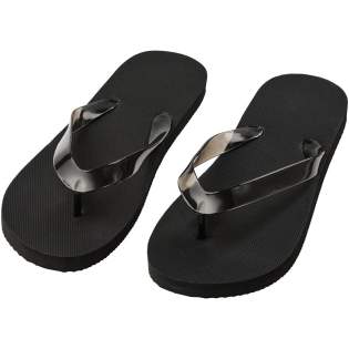 Set of comfortable beach slippers in a wide range of colours with polyethylene sole and PVC strap. Supplied in two different sizes: M 36-38 and L: 42-44.This is a proven give-a-way during summer season. Due to nature and usage of the product any applied logo is exposed to wear and tear.