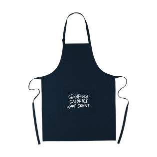 Apron made of 100% cotton (180 g/m²). With a stitched pocket. The neckband can be adjusted with a plastic clasp. One size fits all