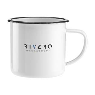 Enamelled mug. A popular retro-style design. To accentuate the retro look, the mug has imperfections. Not dishwasher safe. Capacity 350 ml. Each item is individually boxed.