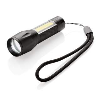 Pocket size but high performance aluminium LED and COB light. Fits easily in your pocket to produce a strong 85 metre beam of light wherever you need it. The 3W led light produces 65 lumen and the COB light 37 lumen. Including zoom function and 3 light modes: bright, low beam and flashing. Including batteries for direct use.