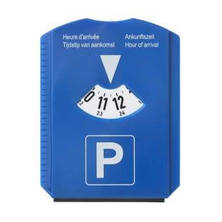Parking disk made of durable plastic with ice scraper, rubber wiper, trolley coin and tyre tread depth gauge.