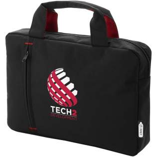 Conference bag made of recycled PET plastic featuring a zippered main compartment and front zipper pocket, with reinforced top carry handles and trendy color contrast elements.