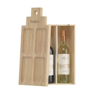 Rackpack Casa de Tapas Large: a wine gift box and tapas snackplate in one. A wooden gift box for two bottles of wine or some delicious tapas. The frontside of the bamboo plate has compartments for tapas, the backside can be used as a cutting board. Muchas gracias! Rackpack: a wine gift box made of FSC wood with a new second life!
• suitable for two bottles of wine
• 8-10 mm FSC-certified sustainable pine wood
• bamboo wood: a sustainable alternative to tree wood - bamboo can be harvested within 5 years (trees need 30 - 120 years!) and 4 to 7 new plants grow from the remaining root
• wine not included. Each item is supplied in an individual brown cardboard box.