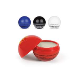 LIp balm ball available in various solid colours. This lip balm has a screw on lid and a flat base to enable it to stand.