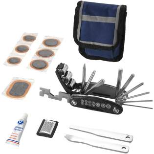 15-piece multi-tool with 2 tyre levers, grater, glue and stickers including pouch with reflective trim and 2 straps with hook & loop closure to attach to your bicycle.