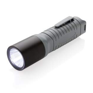 Bright and lightweight 3W torch perfect to take on trips. The ABS torch with aluminium head is designed with a belt clip to bring it wherever you go. Includes batteries for direct use. 200 lumen and working time of 2 hours. Beam distance up to 300 metres. IPX 44.
