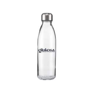 Luxueuse bouteille d'eau en verre sodocalcique solide et transparent, avec bouchon à vis pratique en acier inoxydable. Respectueuse de l'environnement, sans BPA, anti-fuite, durable et réutilisable. Capacité 650 ml. Par pièce dans une boîte.