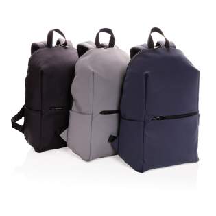 This minimalist, modern backpack made of smooth PU is fully lined and features an inner 15.6 inch laptop compartment, a spacious main compartment and 2 inner pockets and 2 pen loops. Mesh padded back and adjustable straps. Exterior 100% PU. Interior 100% 210D polyester. PVC free.