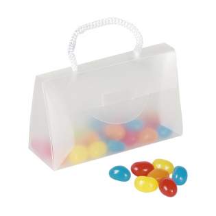 Mini plastic bag holding approx. 50 g of sweets. One side has a transparent window for which to insert a business card or advertisement. Please state your chosen flavour when ordering.
A chocolate
B jelly beans
C hearts