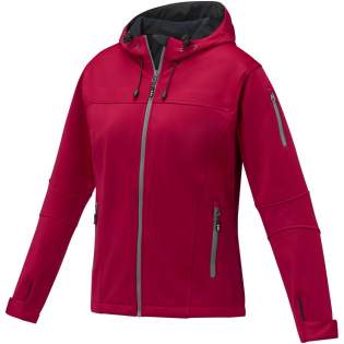 3000 mm waterproof and 3000 g/m² breathable. Three layer bonded: Jersey, TPU, fleece. Dropped back hem. Shaped seams and tapered waist for flattering fit. Elastic drawstring with adjustable cord lock. Adjustable cuffs with hook and loop closure. Front pockets with zippers. Sleeve pocket with zipper. Centre front contrast reversed coil zipper. Heat transfer main label for tagless comfort.