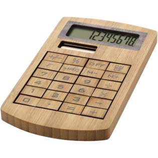 8 digit eco-friendly bamboo calculator. Works on solar power.